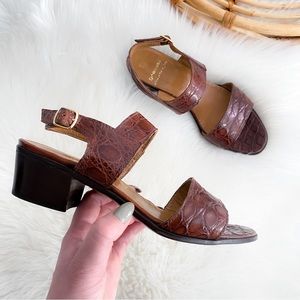 Gravati Vintage Slingback Strap Leather Block Heel Sandals Brown Croc Open Toe